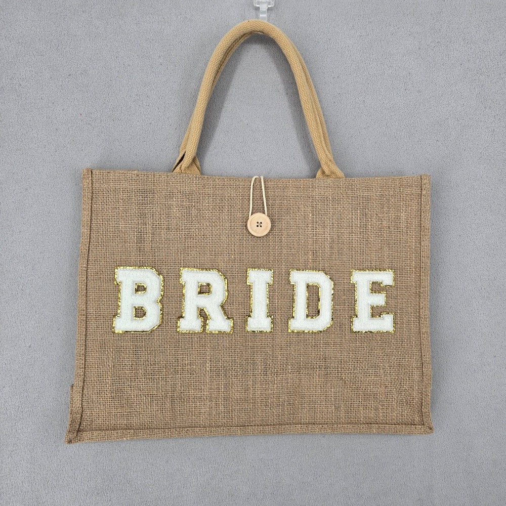 Unbranded Womens OS Bride Burlap Tote Bag Chenille Patch Gold Glitter Wedding